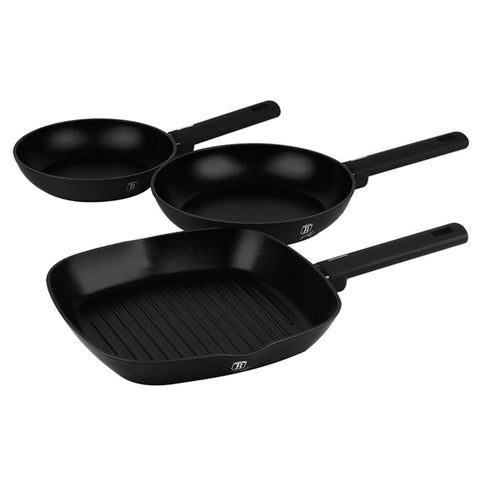 Baking, BH/8196, cocina, cookwareset, frypan, juego de 3 sartenes, juego de sartenes, Matte Black Collection, negro, Pan Set, Pans, plateado, sartén, sartén para parrilla, utensilios de cocina