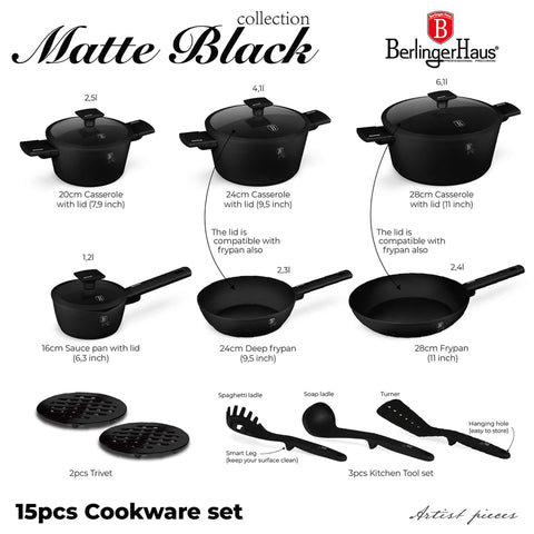 BH/8198, BH/8198N, juego de utensilios de cocina de 15 piezas, negro, plateado, juego de utensilios de cocina de 15 piezas, juego de ollas, ollas y sartenes, juego de ollas y sartenes, juego, herramientas de cocina, cocina, utensilios de cocina, Berlinger Haus, Promintra, caja de regalo, conceptual, estilo de vida