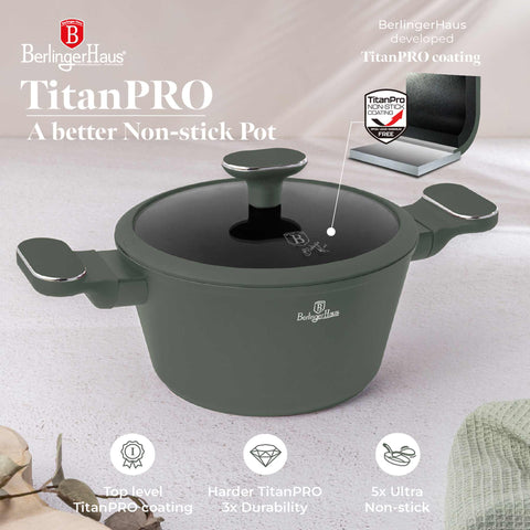 Product image of Casserole with lid 20cm. Part of the Matte Green Collection . Features: • Material: forged aluminum with non-stick titanPro coating • Casserole with lid Ø20*10,4 cm 2,5L • Color: matt green REGISTERED DESIGN BY BERLINGE.... (Studio view). Official Berlinger Haus product, boosted by Promintra sl.