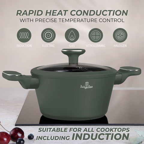 Product image of Casserole with lid 20cm. Part of the Matte Green Collection . Features: • Material: forged aluminum with non-stick titanPro coating • Casserole with lid Ø20*10,4 cm 2,5L • Color: matt green REGISTERED DESIGN BY BERLINGE.... (Studio view). Official Berlinger Haus product, boosted by Promintra sl.
