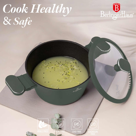 Product image of Casserole with lid 20cm. Part of the Matte Green Collection . Features: • Material: forged aluminum with non-stick titanPro coating • Casserole with lid Ø20*10,4 cm 2,5L • Color: matt green REGISTERED DESIGN BY BERLINGE.... (Studio view). Official Berlinger Haus product, boosted by Promintra sl.