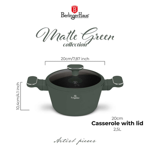Product image of Casserole with lid 20cm. Part of the Matte Green Collection . Features: • Material: forged aluminum with non-stick titanPro coating • Casserole with lid Ø20*10,4 cm 2,5L • Color: matt green REGISTERED DESIGN BY BERLINGE.... (Studio view). Official Berlinger Haus product, boosted by Promintra sl.