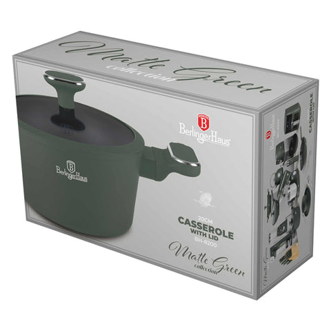 Product image of Casserole with lid 20cm. Part of the Matte Green Collection . Features: • Material: forged aluminum with non-stick titanPro coating • Casserole with lid Ø20*10,4 cm 2,5L • Color: matt green REGISTERED DESIGN BY BERLINGE.... (Studio view). Official Berlinger Haus product, boosted by Promintra sl.