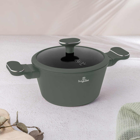 Product image of Casserole with lid 20cm. Part of the Matte Green Collection . Features: • Material: forged aluminum with non-stick titanPro coating • Casserole with lid Ø20*10,4 cm 2,5L • Color: matt green REGISTERED DESIGN BY BERLINGE.... (Studio view). Official Berlinger Haus product, boosted by Promintra sl.