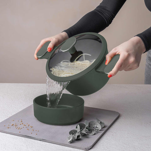 Product image of Casserole with lid 20cm. Part of the Matte Green Collection . Features: • Material: forged aluminum with non-stick titanPro coating • Casserole with lid Ø20*10,4 cm 2,5L • Color: matt green REGISTERED DESIGN BY BERLINGE.... (Studio view). Official Berlinger Haus product, boosted by Promintra sl.