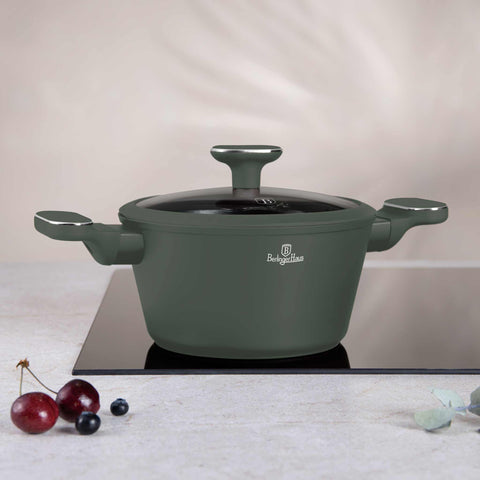 Product image of Casserole with lid 20cm. Part of the Matte Green Collection . Features: • Material: forged aluminum with non-stick titanPro coating • Casserole with lid Ø20*10,4 cm 2,5L • Color: matt green REGISTERED DESIGN BY BERLINGE.... (Studio view). Official Berlinger Haus product, boosted by Promintra sl.