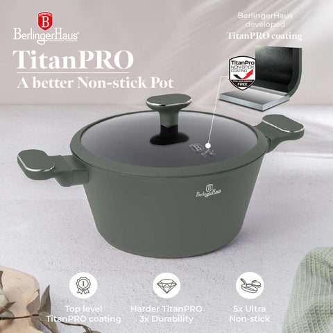 Product image of Casserole with lid 24cm. Part of the Matte Green Collection . Features: • Material: forged aluminum with non-stick titanPro coating • Casserole with lid Ø24*11,8 cm 4,1L • Color: matt green REGISTERED DESIGN BY BERLINGE.... (Studio view). Official Berlinger Haus product, boosted by Promintra sl.