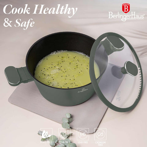 Product image of Casserole with lid 24cm. Part of the Matte Green Collection . Features: • Material: forged aluminum with non-stick titanPro coating • Casserole with lid Ø24*11,8 cm 4,1L • Color: matt green REGISTERED DESIGN BY BERLINGE.... (Studio view). Official Berlinger Haus product, boosted by Promintra sl.