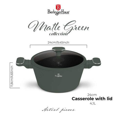 Product image of Casserole with lid 24cm. Part of the Matte Green Collection . Features: • Material: forged aluminum with non-stick titanPro coating • Casserole with lid Ø24*11,8 cm 4,1L • Color: matt green REGISTERED DESIGN BY BERLINGE.... (Studio view). Official Berlinger Haus product, boosted by Promintra sl.