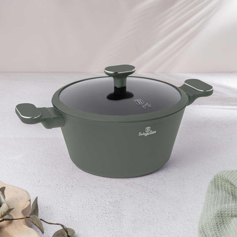 Product image of Casserole with lid 24cm. Part of the Matte Green Collection . Features: • Material: forged aluminum with non-stick titanPro coating • Casserole with lid Ø24*11,8 cm 4,1L • Color: matt green REGISTERED DESIGN BY BERLINGE.... (Studio view). Official Berlinger Haus product, boosted by Promintra sl.