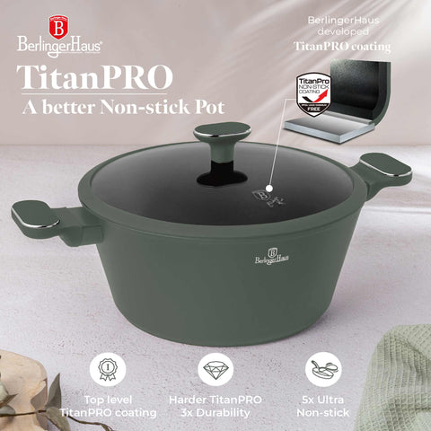Product image of Casserole with lid 28cm. Part of the Matte Green Collection . Features: • Material: forged aluminum with non-stick titanPro coating • Casserole with lid Ø28*12,4 cm 6,1L • Color: matt green REGISTERED DESIGN BY BERLINGE.... (Studio view). Official Berlinger Haus product, boosted by Promintra sl.