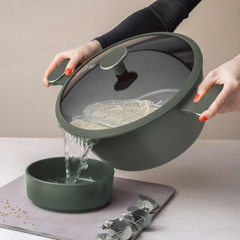 Product image of Casserole with lid 28cm. Part of the Matte Green Collection . Features: • Material: forged aluminum with non-stick titanPro coating • Casserole with lid Ø28*12,4 cm 6,1L • Color: matt green REGISTERED DESIGN BY BERLINGE.... (Studio view). Official Berlinger Haus product, boosted by Promintra sl.