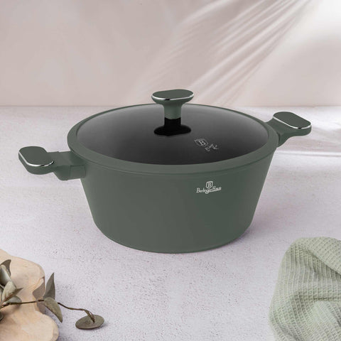 Product image of Casserole with lid 28cm. Part of the Matte Green Collection . Features: • Material: forged aluminum with non-stick titanPro coating • Casserole with lid Ø28*12,4 cm 6,1L • Color: matt green REGISTERED DESIGN BY BERLINGE.... (Studio view). Official Berlinger Haus product, boosted by Promintra sl.