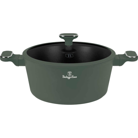 Product image of Casserole with lid 28cm. Part of the Matte Green Collection . Features: • Material: forged aluminum with non-stick titanPro coating • Casserole with lid Ø28*12,4 cm 6,1L • Color: matt green REGISTERED DESIGN BY BERLINGE.... (Studio view). Official Berlinger Haus product, boosted by Promintra sl.