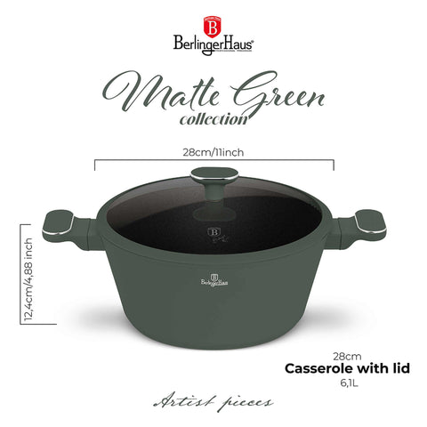 Product image of Casserole with lid 28cm. Part of the Matte Green Collection . Features: • Material: forged aluminum with non-stick titanPro coating • Casserole with lid Ø28*12,4 cm 6,1L • Color: matt green REGISTERED DESIGN BY BERLINGE.... (Studio view). Official Berlinger Haus product, boosted by Promintra sl.