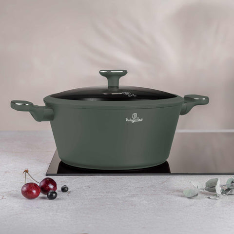 Product image of Casserole with lid 28cm. Part of the Matte Green Collection . Features: • Material: forged aluminum with non-stick titanPro coating • Casserole with lid Ø28*12,4 cm 6,1L • Color: matt green REGISTERED DESIGN BY BERLINGE.... (Studio view). Official Berlinger Haus product, boosted by Promintra sl.