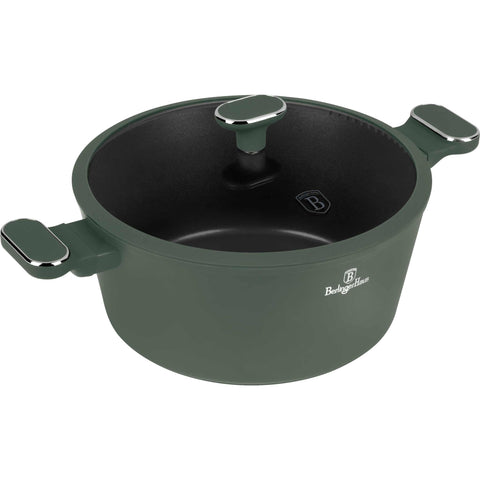 Product image of Casserole with lid 28cm. Part of the Matte Green Collection . Features: • Material: forged aluminum with non-stick titanPro coating • Casserole with lid Ø28*12,4 cm 6,1L • Color: matt green REGISTERED DESIGN BY BERLINGE.... (Studio view). Official Berlinger Haus product, boosted by Promintra sl.