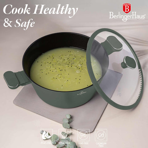 Product image of Casserole with lid 28cm. Part of the Matte Green Collection . Features: • Material: forged aluminum with non-stick titanPro coating • Casserole with lid Ø28*12,4 cm 6,1L • Color: matt green REGISTERED DESIGN BY BERLINGE.... (Studio view). Official Berlinger Haus product, boosted by Promintra sl.