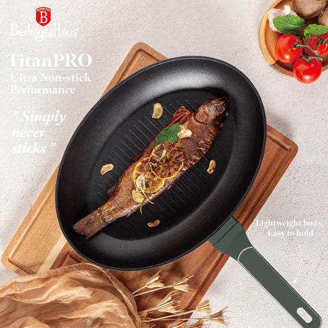  BH/8203, Sartén para pescado 35x25cm, Verde Mate, Sartén para pescado, Nuevo diseño de mango, Sartén para parrilla, Sartén, Sartenes