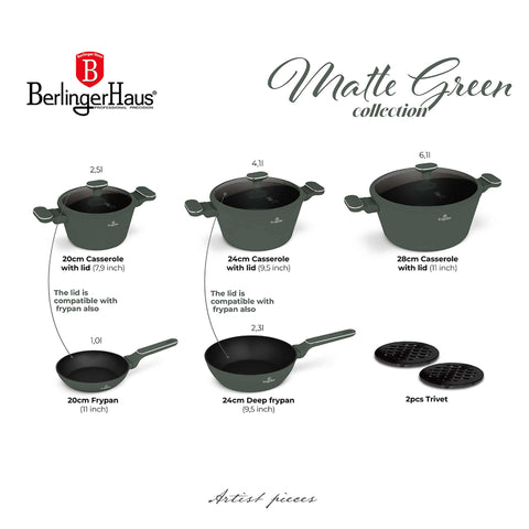BH/8207, BH/8207N, juego de utensilios de cocina de 10 piezas, verde mate, juego de utensilios de cocina de 10 piezas, juego de ollas y sartenes, juego, cocina, batería de cocina, Berlinger Haus, Promintra, caja de regalo, conceptual, estilo de vida