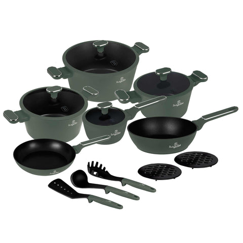 Juego de utensilios de cocina, ollas, juego de ollas, ollas y sartenes, juego de ollas y sartenes, juego, herramientas de cocina, cocina, utensilios de cocina, juego de utensilios de cocina de 15 piezas, verde mate, NUEVO, BH/8208