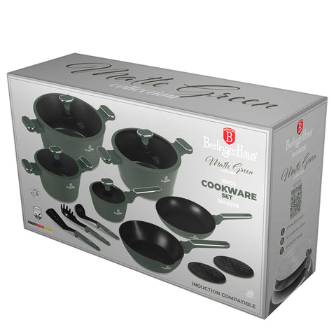 Juego de utensilios de cocina, ollas, juego de ollas, ollas y sartenes, juego de ollas y sartenes, juego, herramientas de cocina, cocina, utensilios de cocina, juego de utensilios de cocina de 15 piezas, verde mate, NUEVO, BH/8208