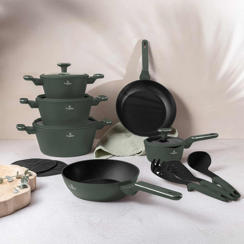 BH/8208, BH/8208N, cocina, Cookware Set, cookwareset, herramientas de cocina, juego, juego de ollas, juego de ollas y sartenes, juego de utensilios de cocina de 15 piezas, Matte Green Collection, ollas y sartenes, pot, Pots & Cazuelas, utensilios de cocina, verde mate, Imagen tipo estilo de vida: detalles y funciones.
