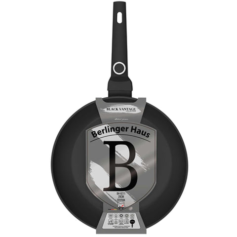 Product image of Frypan 28cm. Part of the Black Vantage Collection . Features: • Material: forged aluminum with non-stick titanPro coating • Frypan Ø28*5,2 cm 2,4L • Color: shiny black REGISTERED DESIGN BY BERLINGER HAUS!. (Studio view). Official Berlinger Haus product, boosted by Promintra sl.