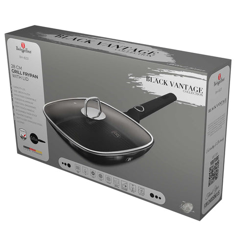  BH/8221, Sartén grill con tapa 28cm, Negro brillante, Sartén grill 28 cm con tapa, Sartén, Sartén grill, Sartén grill con tapa, Batería de cocina, Cocina, Sartenes