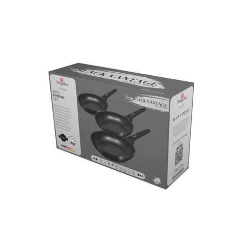 BH/8230, juego de 3 sartenes, negro brillante, juego de 3 sartenes a., sartén, juego de sartenes, sartén, juego de sartenes, utensilios de cocina, cocina, sartenes, juego de sartenes
