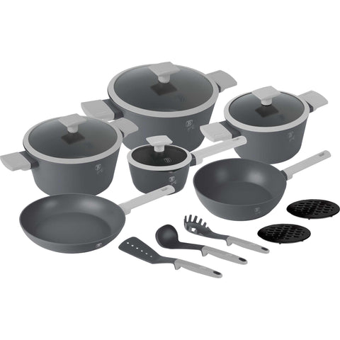 Juego de utensilios de cocina, ollas, juego de ollas, ollas y sartenes, juego de ollas y sartenes, juego, herramientas de cocina, cocina, utensilios de cocina, juego de utensilios de cocina de 15 piezas, gris mate, NUEVO, BH/8245