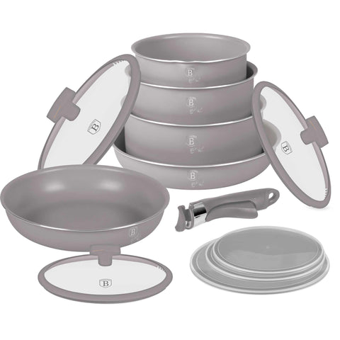 Juego de utensilios de cocina, ollas y sartenes, juego de ollas y sartenes, juego, click it, cocina, utensilios de cocina, mango click it, utensilios de cocina inteligentes, juego de utensilios de cocina de 12 piezas, gris topo mate, NUEVO, BH/8251