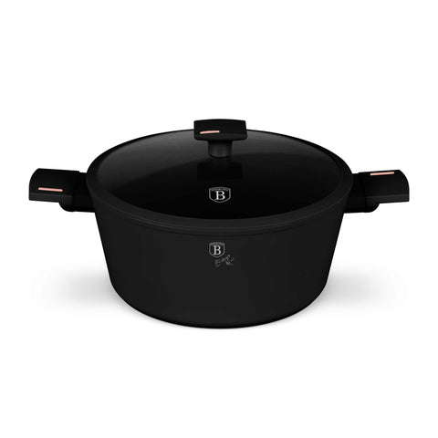 Product image of Casserole with lid 28cm. Part of the Monaco Collection . Features: • Material: forged aluminum with black titan non-stick coating • Casserole with lid Ø28*12,4 cm 6,1L • Color: black- rose gold REGISTERED DESIGN BY.... (Studio view). Official Berlinger Haus product, boosted by Promintra sl.