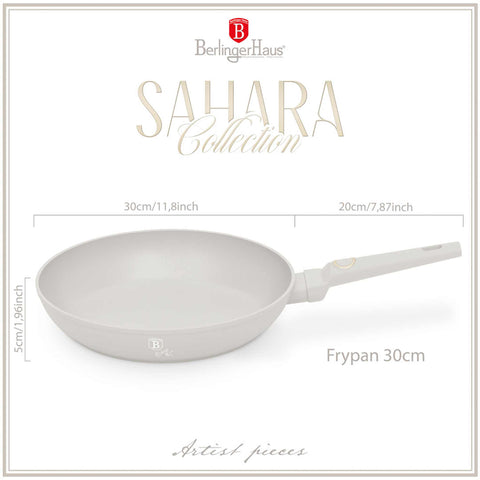Product image of Frypan 30cm. Part of the Sahara Collection . Features: • Material: forged aluminum with non-stick titanPro coating • Frypan Ø30*5,5 cm 2,9L • Color: matt cream REGISTERED DESIGN BY BERLINGER HAUS!. (Studio view). Official Berlinger Haus product, boosted by Promintra sl.