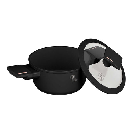 Product image of Mini casserole with lid for kids 14cm. Part of the Monaco Collection . Features: • Material: forged aluminum with non-stick titanPro coating • Casserole with lid Ø14*7 cm 0,7L • Color: black- rose gold REGISTERED DESIGN BY BERLI.... (Studio view). Official Berlinger Haus product, boosted by Promintra sl.