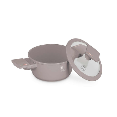 Product image of Mini casserole with lid for kids 14cm. Part of the Taupe Collection . Features: • Material: forged aluminum with non-stick titanPro coating • Casserole with lid Ø14*7 cm 0,7L • Color: matt taupe REGISTERED DESIGN BY BERLINGER H.... (Studio view). Official Berlinger Haus product, boosted by Promintra sl.