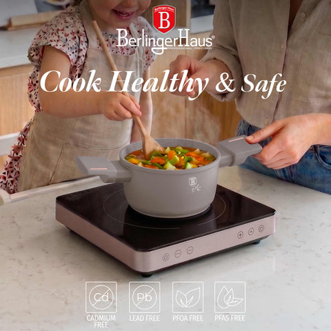 Product image of Mini casserole with lid for kids 14cm. Part of the Taupe Collection . Features: • Material: forged aluminum with non-stick titanPro coating • Casserole with lid Ø14*7 cm 0,7L • Color: matt taupe REGISTERED DESIGN BY BERLINGER H.... (Studio view). Official Berlinger Haus product, boosted by Promintra sl.