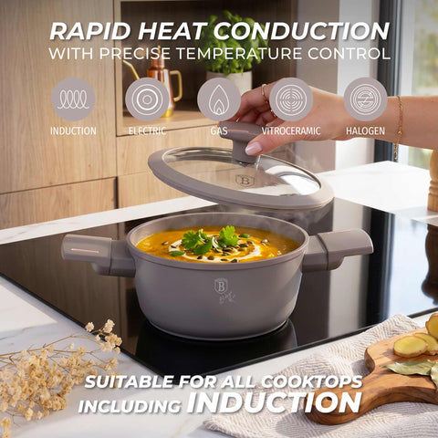 Product image of Mini casserole with lid for kids 14cm. Part of the Taupe Collection . Features: • Material: forged aluminum with non-stick titanPro coating • Casserole with lid Ø14*7 cm 0,7L • Color: matt taupe REGISTERED DESIGN BY BERLINGER H.... (Studio view). Official Berlinger Haus product, boosted by Promintra sl.