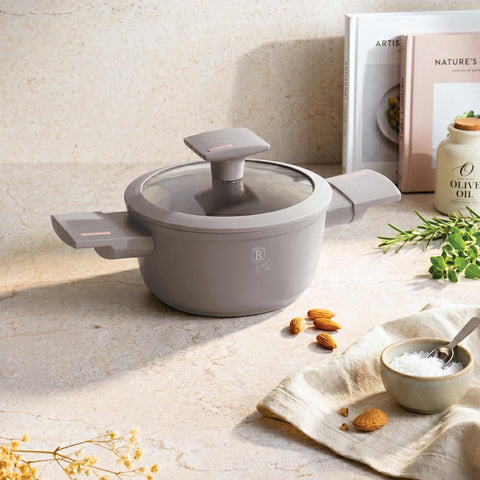 Product image of Mini casserole with lid for kids 14cm. Part of the Taupe Collection . Features: • Material: forged aluminum with non-stick titanPro coating • Casserole with lid Ø14*7 cm 0,7L • Color: matt taupe REGISTERED DESIGN BY BERLINGER H.... (Studio view). Official Berlinger Haus product, boosted by Promintra sl.