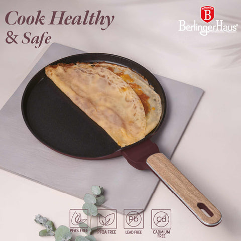  BH/8291, Sartén para panqueques de 25 cm, Burdeos mate, Madera, Sartén para panqueques de 25 cm, Nuevo diseño de mango, Sartén para panqueques, Utensilios de cocina, Cocina