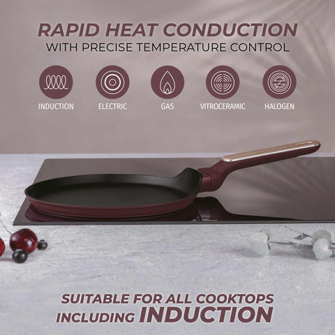  BH/8291, Sartén para panqueques de 25 cm, Burdeos mate, Madera, Sartén para panqueques de 25 cm, Nuevo diseño de mango, Sartén para panqueques, Utensilios de cocina, Cocina