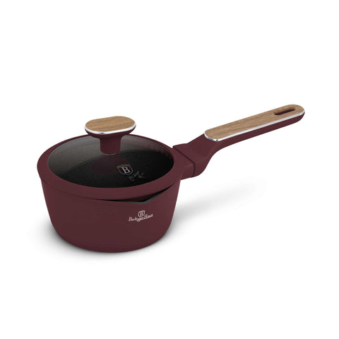 Product image of Sauce pan with lid 16cm. Part of the Leonardo Nordic Collection . Features: • Material: forged aluminum with non-stick titanPro coating • Sauce pan Ø16*7,5 cm 1,2L • Color: matt bordeaux, wooden REGISTERED DESIGN BY BERLING.... (Studio view). Official Berlinger Haus product, boosted by Promintra sl.