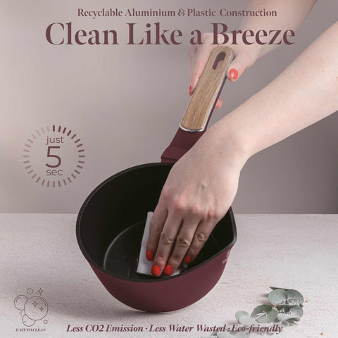 Product image of Sauce pan with lid 16cm. Part of the Leonardo Nordic Collection . Features: • Material: forged aluminum with non-stick titanPro coating • Sauce pan Ø16*7,5 cm 1,2L • Color: matt bordeaux, wooden REGISTERED DESIGN BY BERLING.... (Studio view). Official Berlinger Haus product, boosted by Promintra sl.