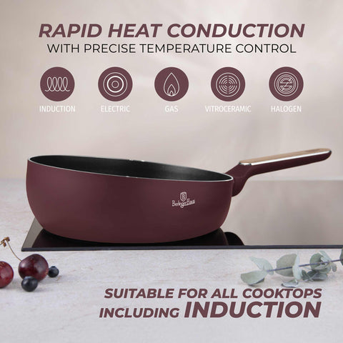  BH/8294, Sartén plegable de 26 cm, Burdeos mate, Madera, Sartén plegable de 26 cm, Nuevo diseño de mango, Sartén, Sartén plegable, Sartén, Utensilios de cocina, Cocina
