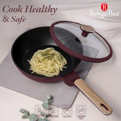  BH/8295, Sartén honda con tapa 24cm, Burdeos mate, Madera, Sartén honda 24 cm, Nuevo diseño de mango, Sartén, Sartén honda, Sartén honda con tapa, Sartén, Batería de cocina, Cocina, Sartenes