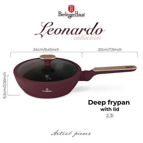  BH/8295, Sartén honda con tapa 24cm, Burdeos mate, Madera, Sartén honda 24 cm, Nuevo diseño de mango, Sartén, Sartén honda, Sartén honda con tapa, Sartén, Batería de cocina, Cocina, Sartenes