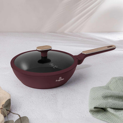  BH/8295, Sartén honda con tapa 24cm, Burdeos mate, Madera, Sartén honda 24 cm, Nuevo diseño de mango, Sartén, Sartén honda, Sartén honda con tapa, Sartén, Batería de cocina, Cocina, Sartenes