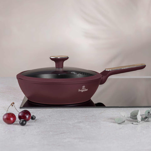  BH/8295, Sartén honda con tapa 24cm, Burdeos mate, Madera, Sartén honda 24 cm, Nuevo diseño de mango, Sartén, Sartén honda, Sartén honda con tapa, Sartén, Batería de cocina, Cocina, Sartenes
