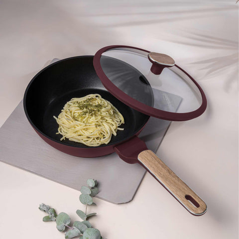  BH/8295, Sartén honda con tapa 24cm, Burdeos mate, Madera, Sartén honda 24 cm, Nuevo diseño de mango, Sartén, Sartén honda, Sartén honda con tapa, Sartén, Batería de cocina, Cocina, Sartenes