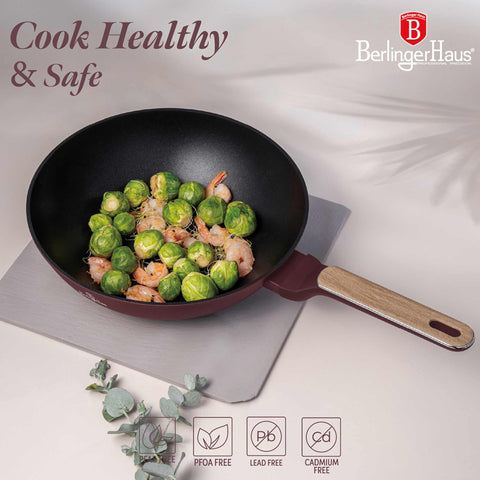 BH/8296, Wok 28cm, Burdeos Mate, Madera, Wok 28 cm, Nuevo diseño de mango, Wok, Batería de cocina, Cocina, Sartenes